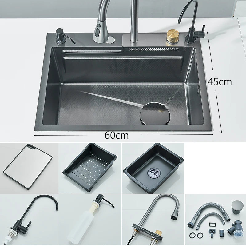 304Stainless Steel Waterfall Kitchen Sink Large Single Slot Integrated 60X45cm Faucet Set Soap Dispenser/Pure Water/Cup Washer - Cooky Kitchenware