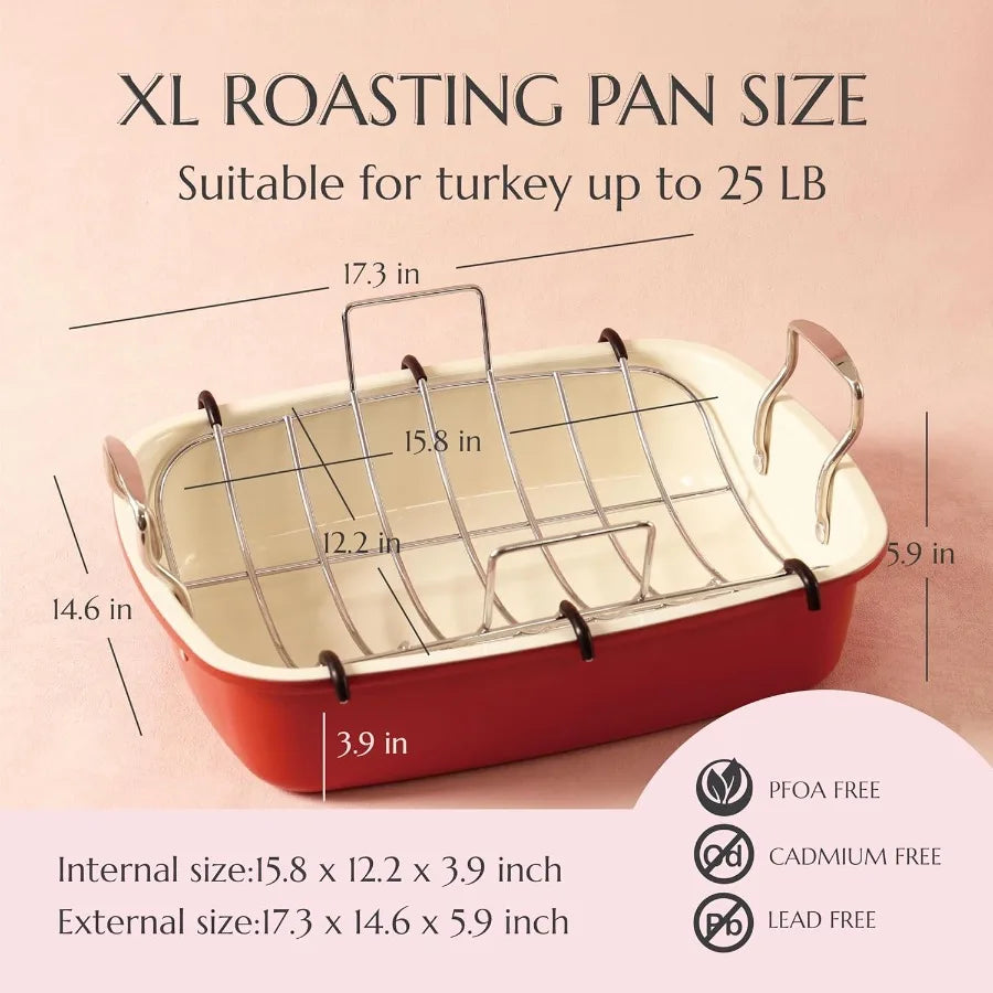 Turkey Roasting Pan with Rack UShaped Large 17.3 x 14.6 Inch Nonstick Roaster Pan for 25 lb Turkey or Chicken Deep Oven Tray 0.