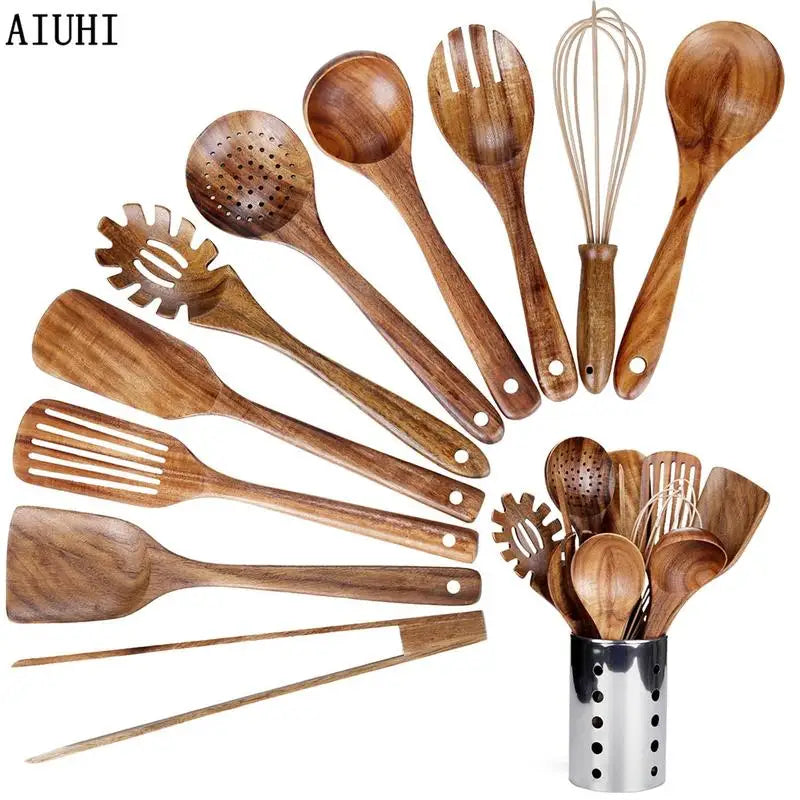 Wooden Utensils Set, 5/7/11pcs Non-stick Cooking Utensils, Kitchen Utensils Set for Home Use, Kitchen Gadgets,  Household Items - Cooky Kitchenware