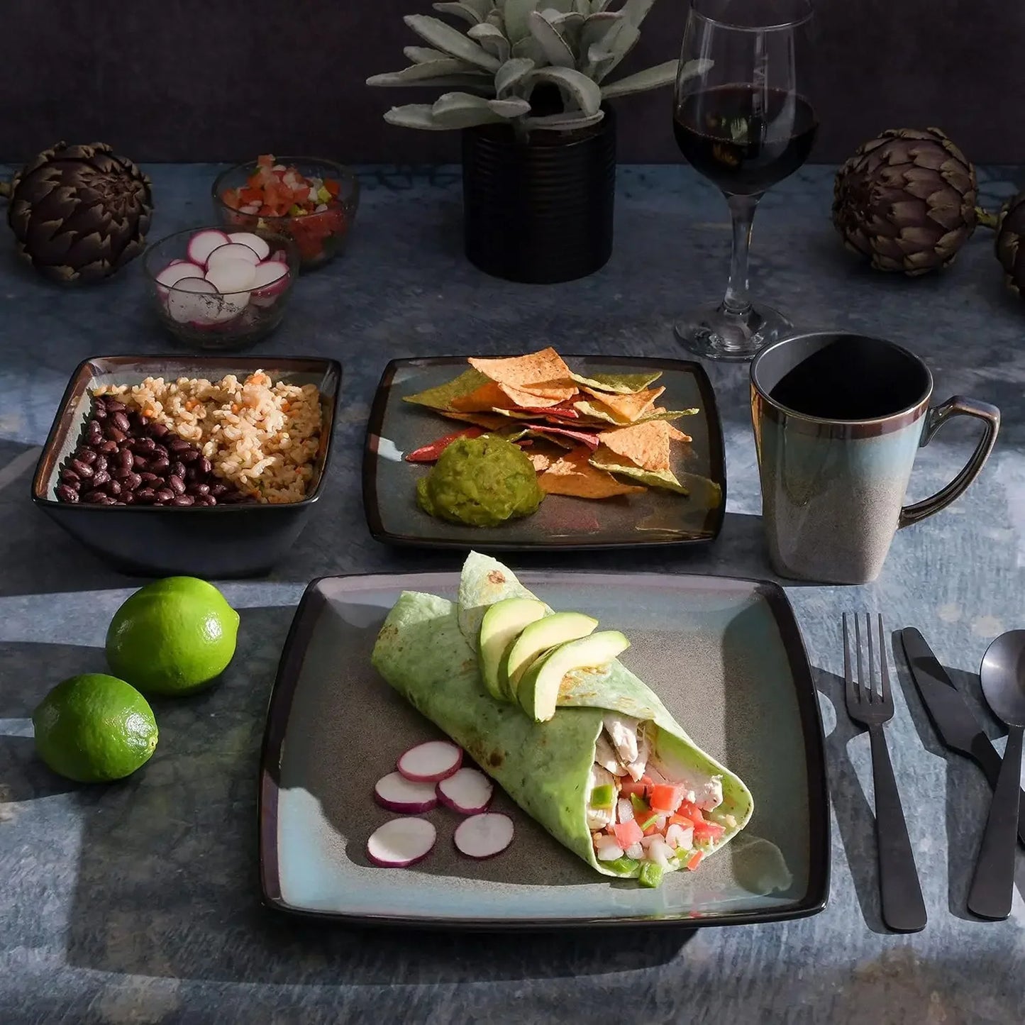 Square Reactive Glaze Stoneware Dinnerware Set, Service for 4 (16pcs), Taupe,Dishwasher Safe - Cooky Kitchenware