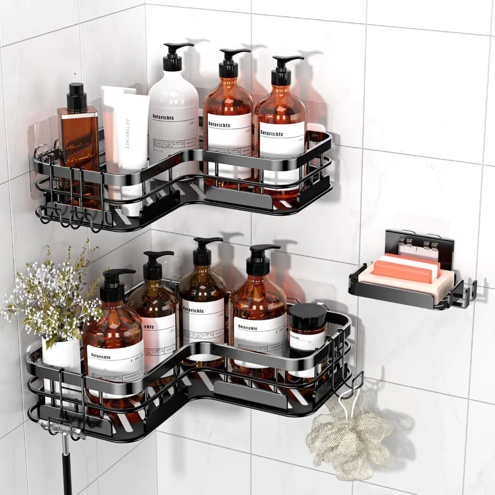 3-Pack Large Rustproof Stainless Steel Shower Caddy with Soap Holder, 4 N-Hooks - No-Drill Wall Mounted Organizer - Cooky Kitchenware