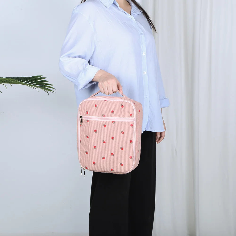 Lunch Bag for Women Corduroy Insulated Lunch Box Leakproof Lunch Tote Handbag Strawberry for School Travel Picnic