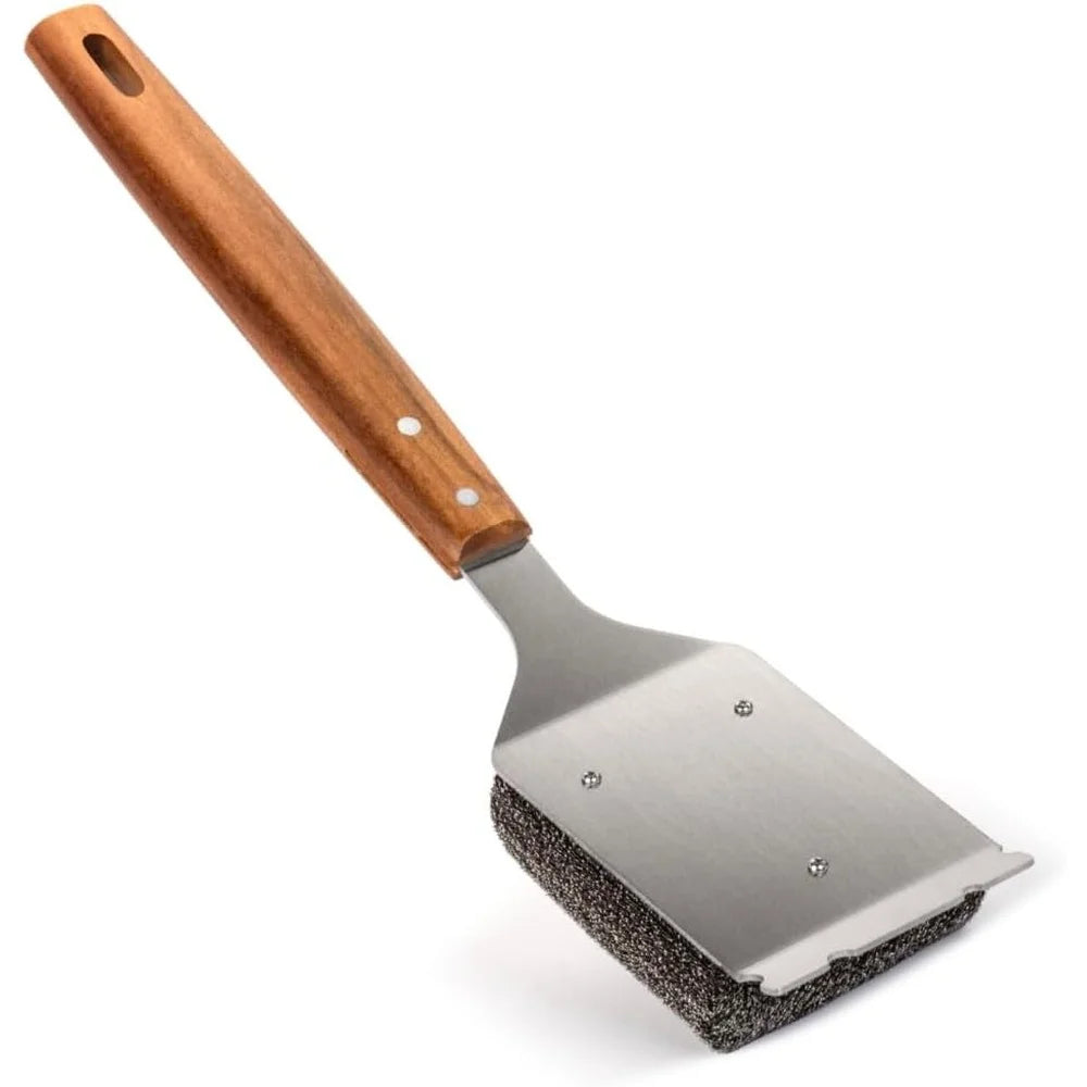 Bristle Free Grill Brush and Scraper with Long Wooden Handle Easy Replaceable Head Safe Cleaning All Grill Types - Cooky Kitchenware