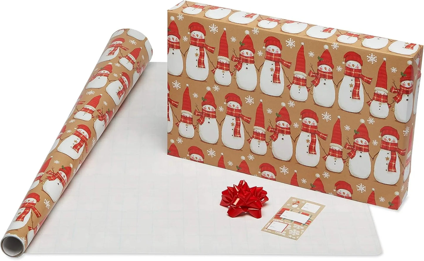 120 sq. ft. Christmas Wrapping Paper Set, Tan, Plaid, Snowman and Christmas Text (4 Rolls 30 in. x 12 ft., 7 Bows, 30 Gift Tags)
