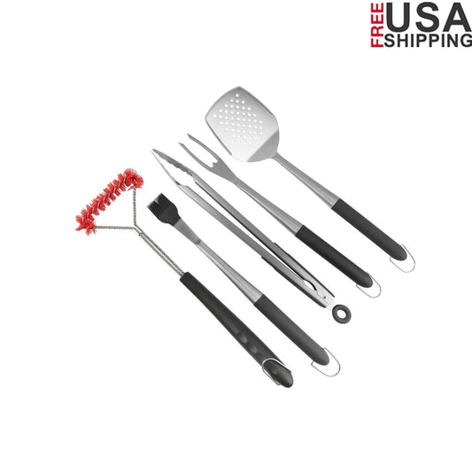 5pc BBQ Grill Tools Set Stainless Steel Spatula Tong Basting Brush Fork Grill Brush Essential Accessories Cookouts - Cooky Kitchenware