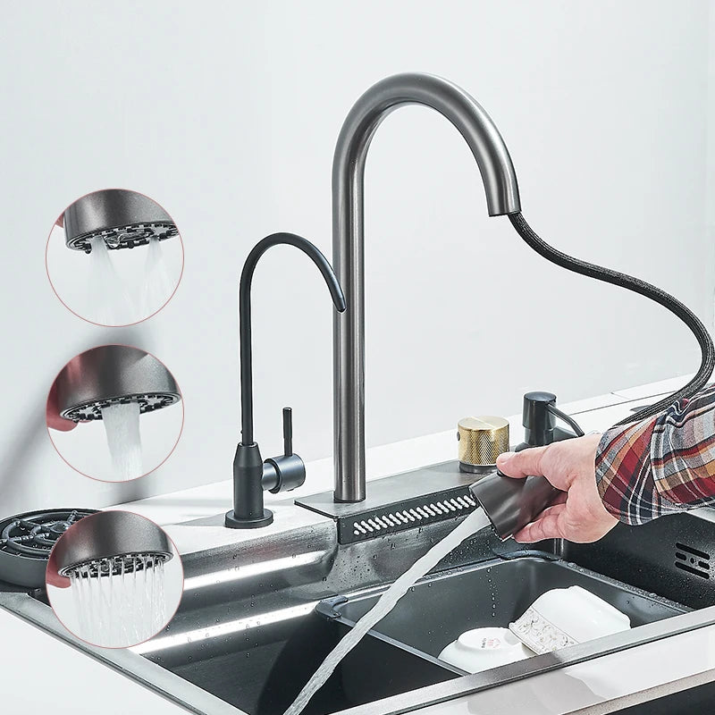 304Stainless Steel Waterfall Kitchen Sink Large Single Slot Integrated 60X45cm Faucet Set Soap Dispenser/Pure Water/Cup Washer - Cooky Kitchenware