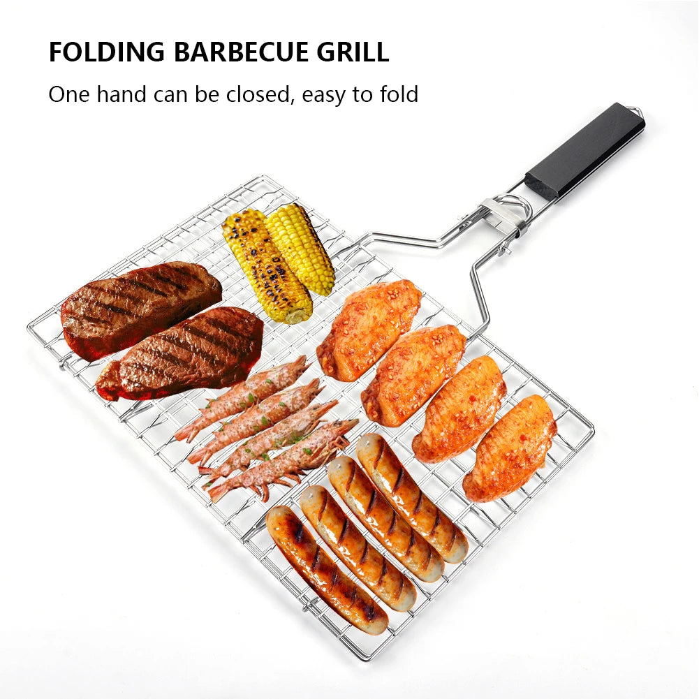 BBQ Grilling Basket Folding Outdoor Camping BBQ Rack with Detachable Handle 8.6*12.6 Inch for Fish Vegetables Steak Shrimp Chops - Cooky Kitchenware
