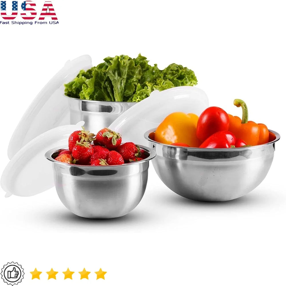 Stainless Steel Mixing Bowls Set with Lids Measuring Marks Easy Clean Nesting Stackable Kitchen Storage Bakeware