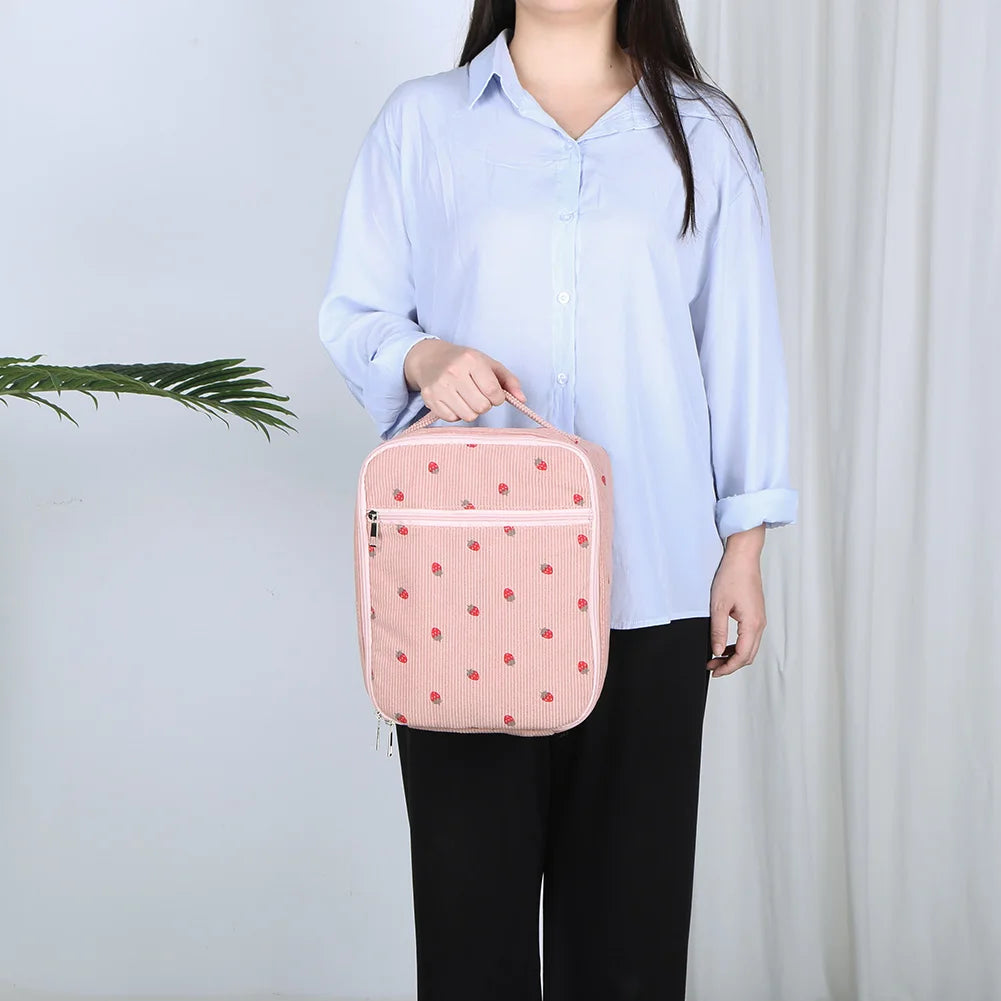 Lunch Bag for Women Corduroy Insulated Lunch Box Leakproof Lunch Tote Handbag Strawberry for School Travel Picnic