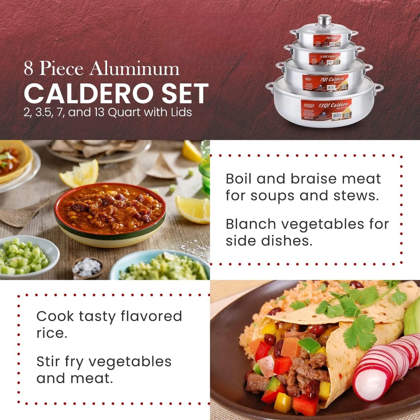 8-Piece Aluminum Caldero Set Durable Nonstick Stock Pots with Lids, Versatile Dutch Oven Cookware for Everyday Home Cooking