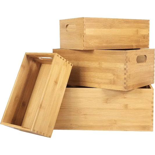 Set of 4 Nesting Wooden Crates for Storage, Bamboo Wood Storage Containers Bins, Handmade Natural Large Wooden Storage Boxes - Cooky Kitchenware