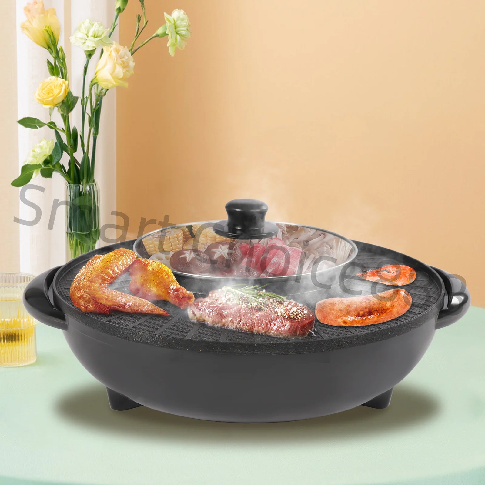 Electric Grill with Hot Pot Portable Round Barbecue Griddle Cookware Non Stick 2 in 1 Korean BBQ for Indoor Outdoor Camping - Cooky Kitchenware