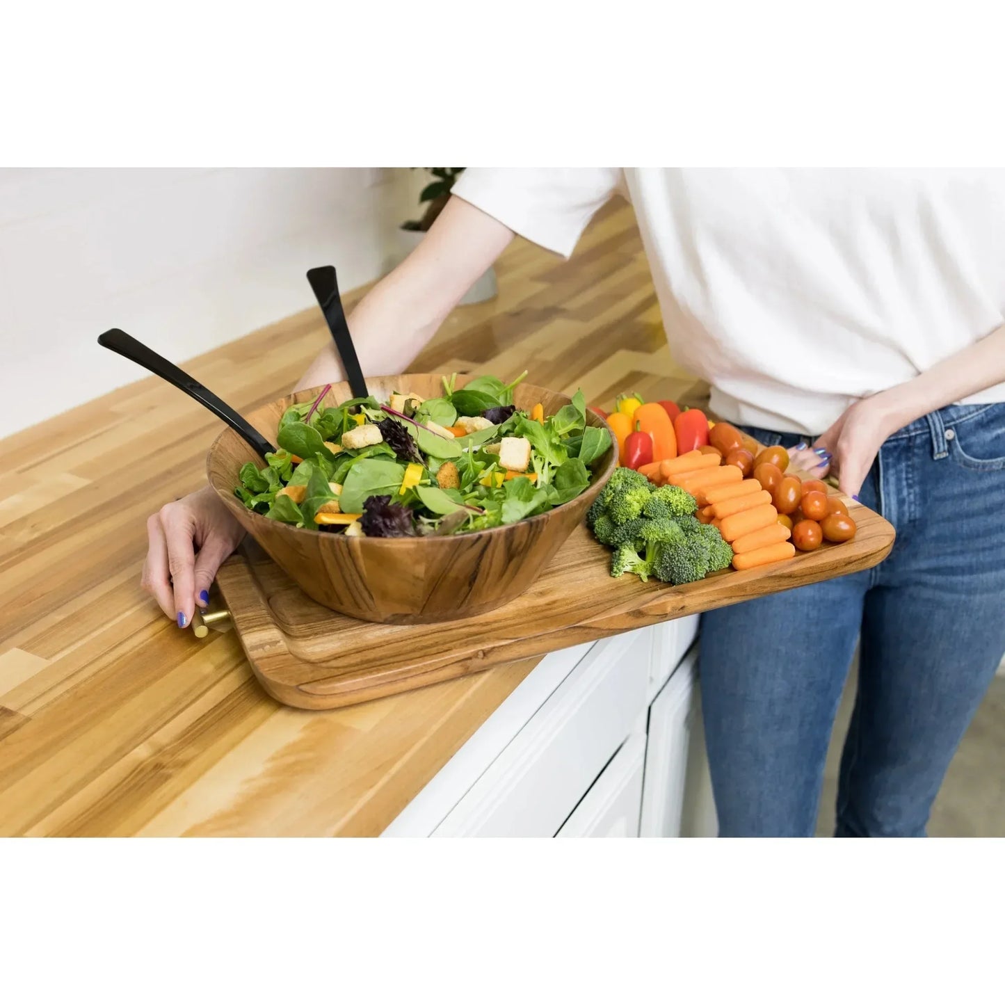 Acacia Wood Large Angled Serving Bowl Natural Finish