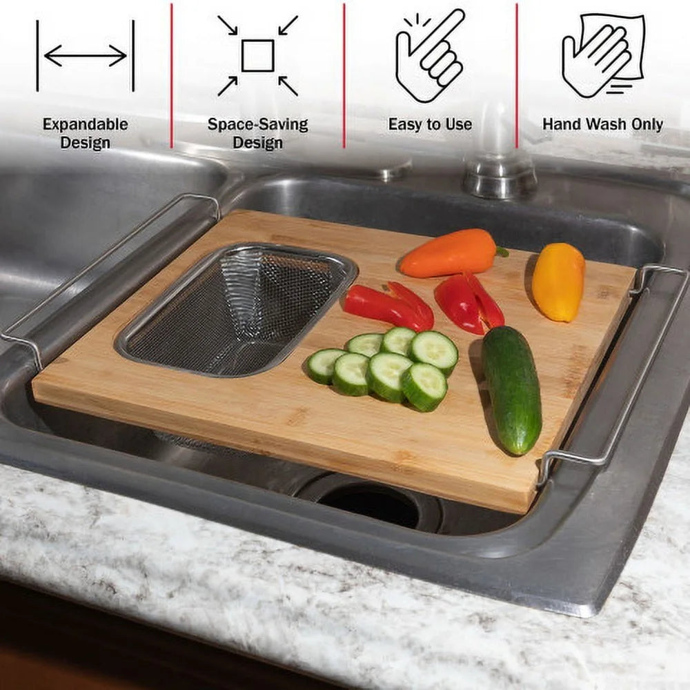 2 in 1 Adjustable Bamboo Cutting Board with Removable Strainer Over Sink Expandable Kitchen Gadget Easy Care Durable Material - Cooky Kitchenware