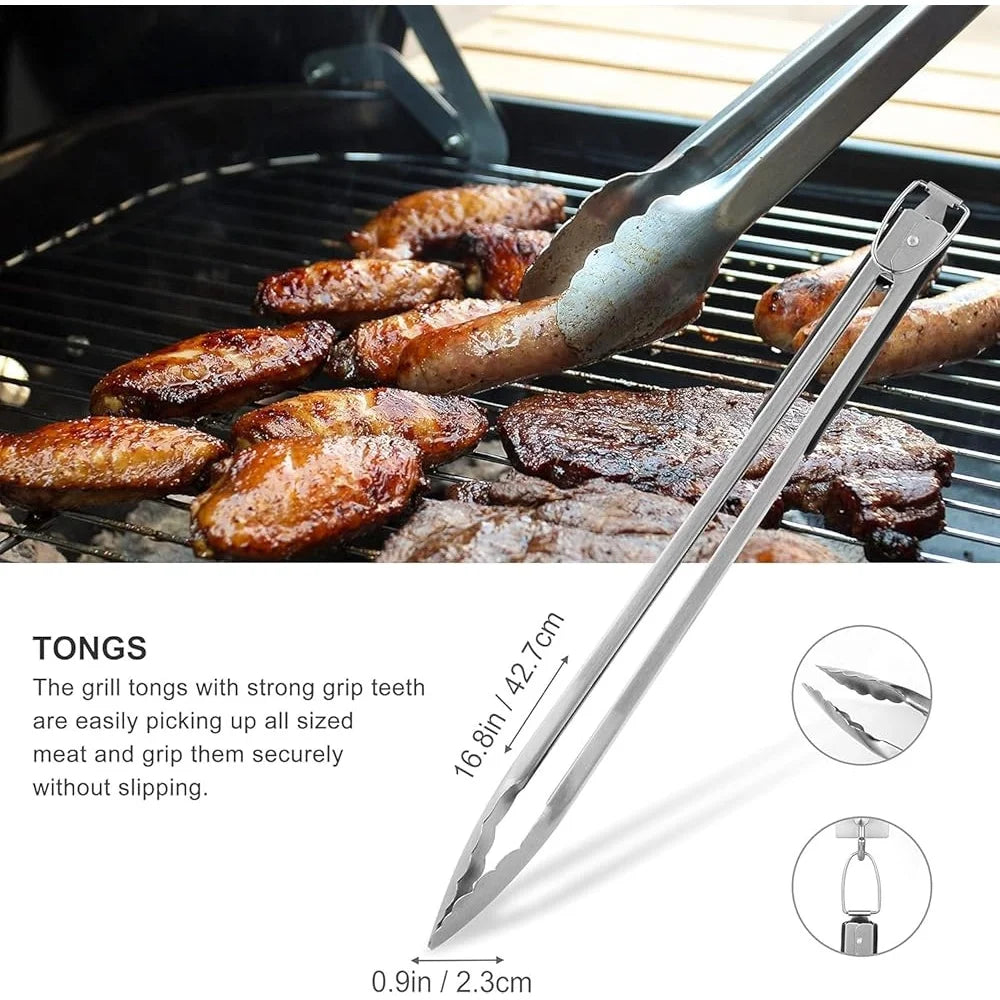 8PCS Stainless Steel BBQ Grill Tool Set Spatula Tongs Fork Basting Brushes Cleaning Brush Storage Bag Heavy Duty Accessories - Cooky Kitchenware