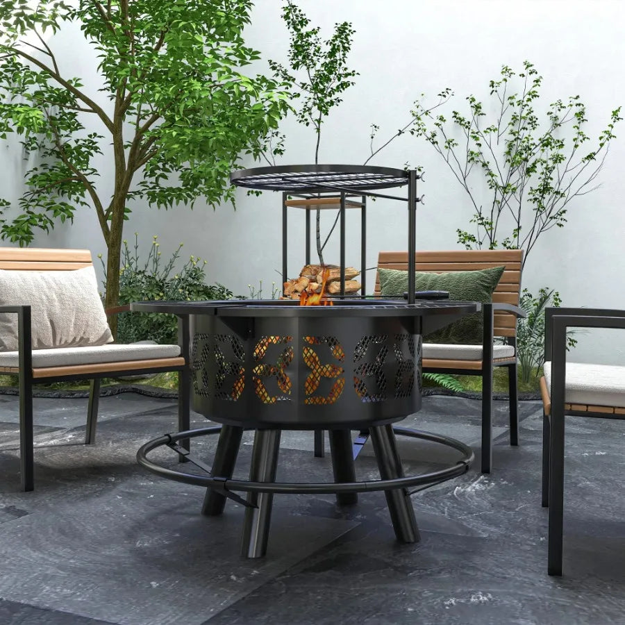 2 In 1 Fire Pit BBQ Grill 33 Portable Wood Burning Firepit with Adjustable Cooking Grate Pan and Poker Camping Bonfire Stove - Cooky Kitchenware