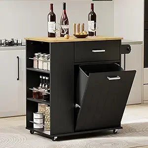 Mobile Kitchen Island with Built-in Trash Bin, Towel Holder, and Spice Storage - Cooky Kitchenware