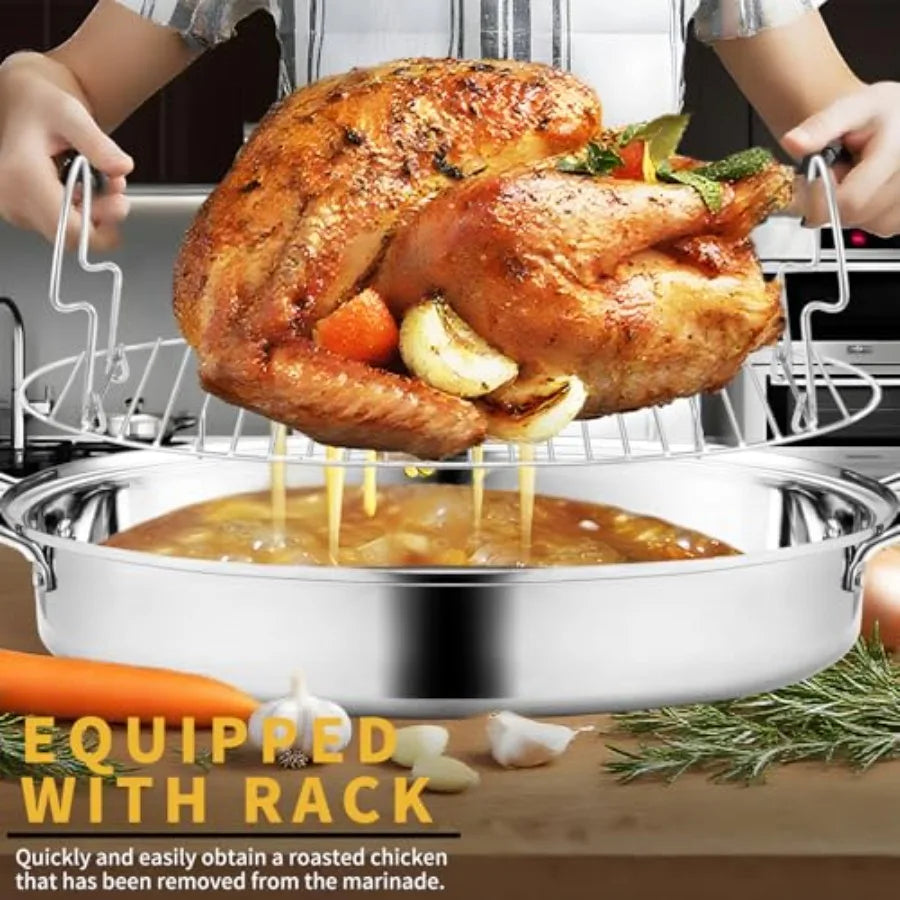 22" Large Roasting Pan with Rack and LidOval Turkey Roaster Pan for oven Stainless Steel Roasting Pan with rack Best Gift for M