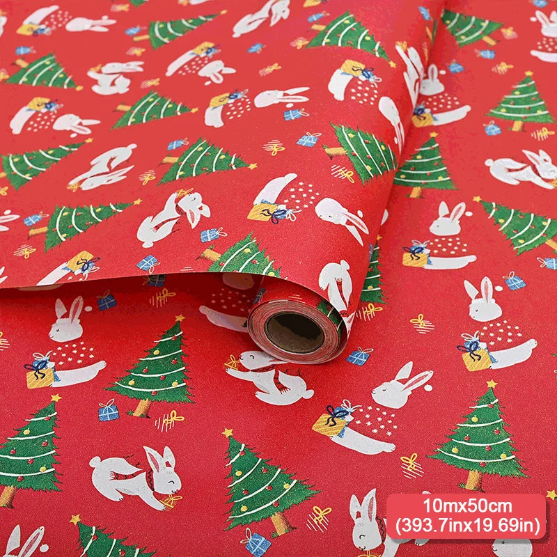 10mx50cm Christmas Wrapping Paper Roll Cartoon Santa Claus Elk Gift Box Packaging Material Christmas Party Home Decoration