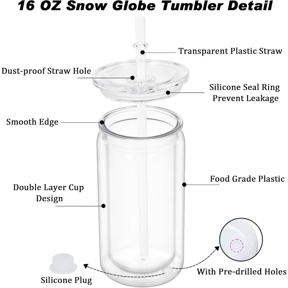 16 oz Plastic Snow Globe Tumbler, Pre Drilled Hole, Plastic Mason Jar Cups Can for Snow Globe Glitter DIY (Clear) - Cooky Kitchenware