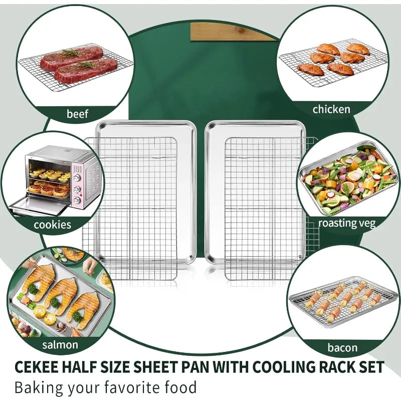 Half Sheet Pans With Rack Set [2 Pans + 2 Racks], CEKEE Stainless Half Size Large Baking Sheets With Rack -18 Inch Baking Tray S - Cooky Kitchenware