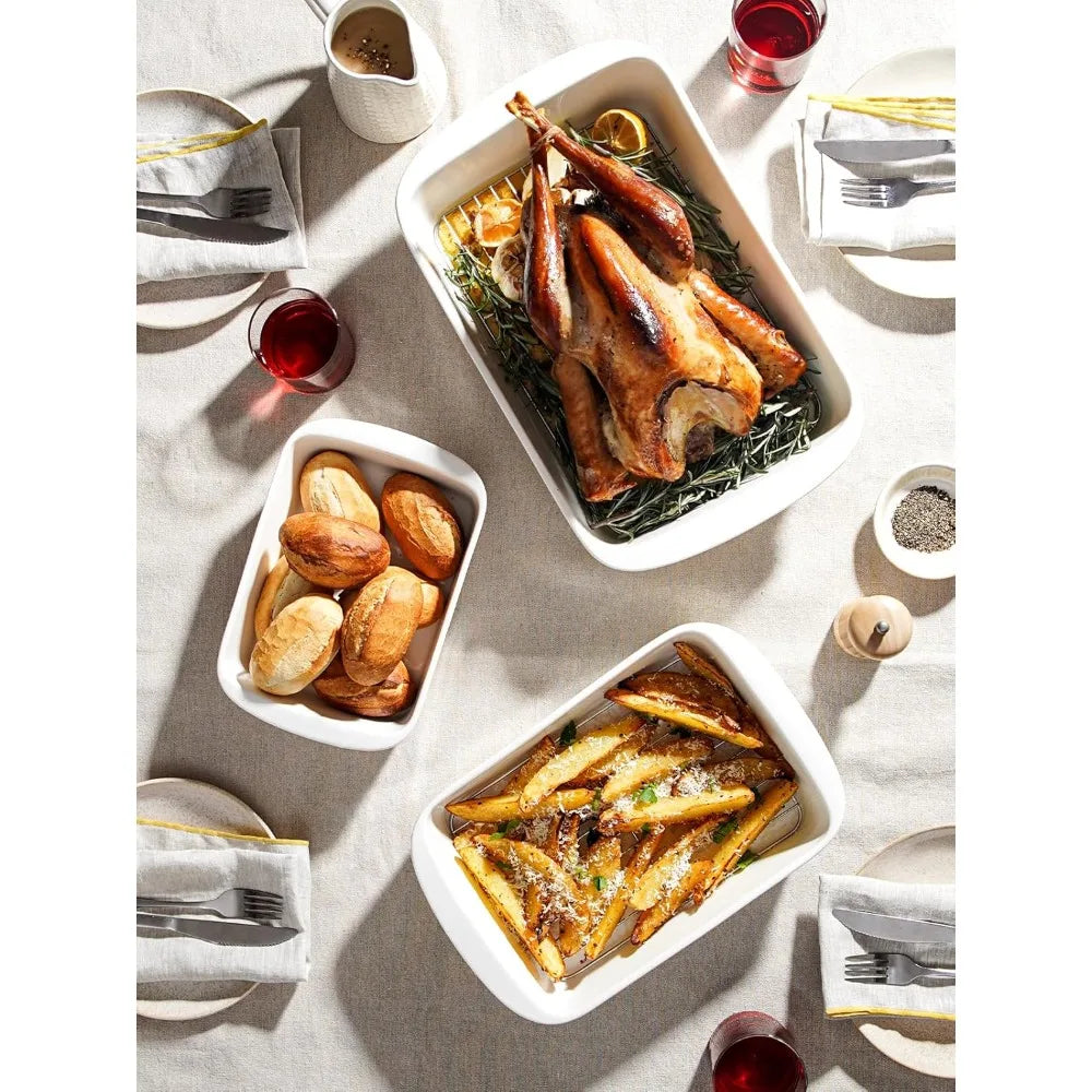 13.7”x9.6” Ceramic Baking Dish Set with Roasting Racks, Large Lasagna Pan with Handles, Set of 3, Bakings Dishes & Pans - Cooky Kitchenware