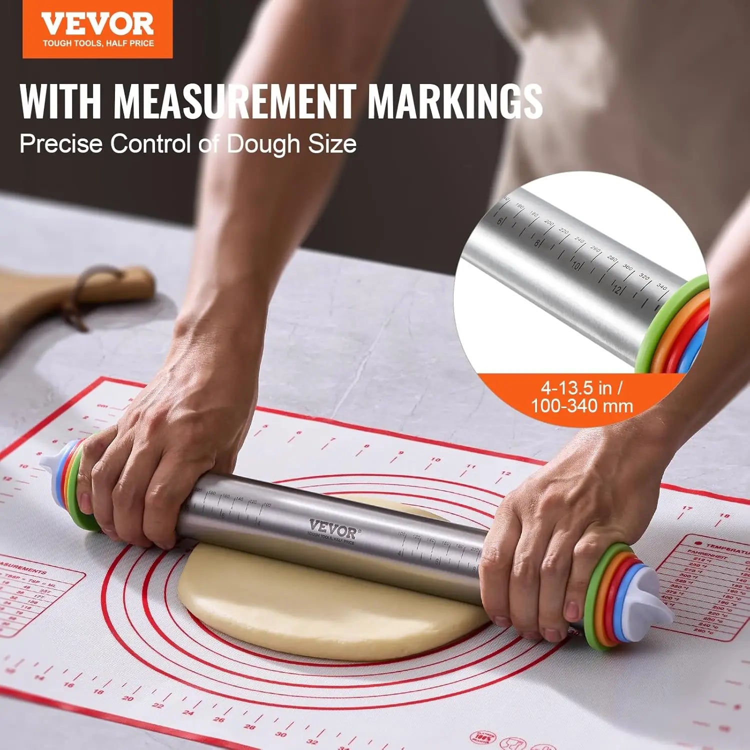Rolling Pin with Thickness Rings and Nonstick Pastry Baking Mat Set for Fondant Pizza Pastry Pasta Dough and Cookies - Cooky Kitchenware