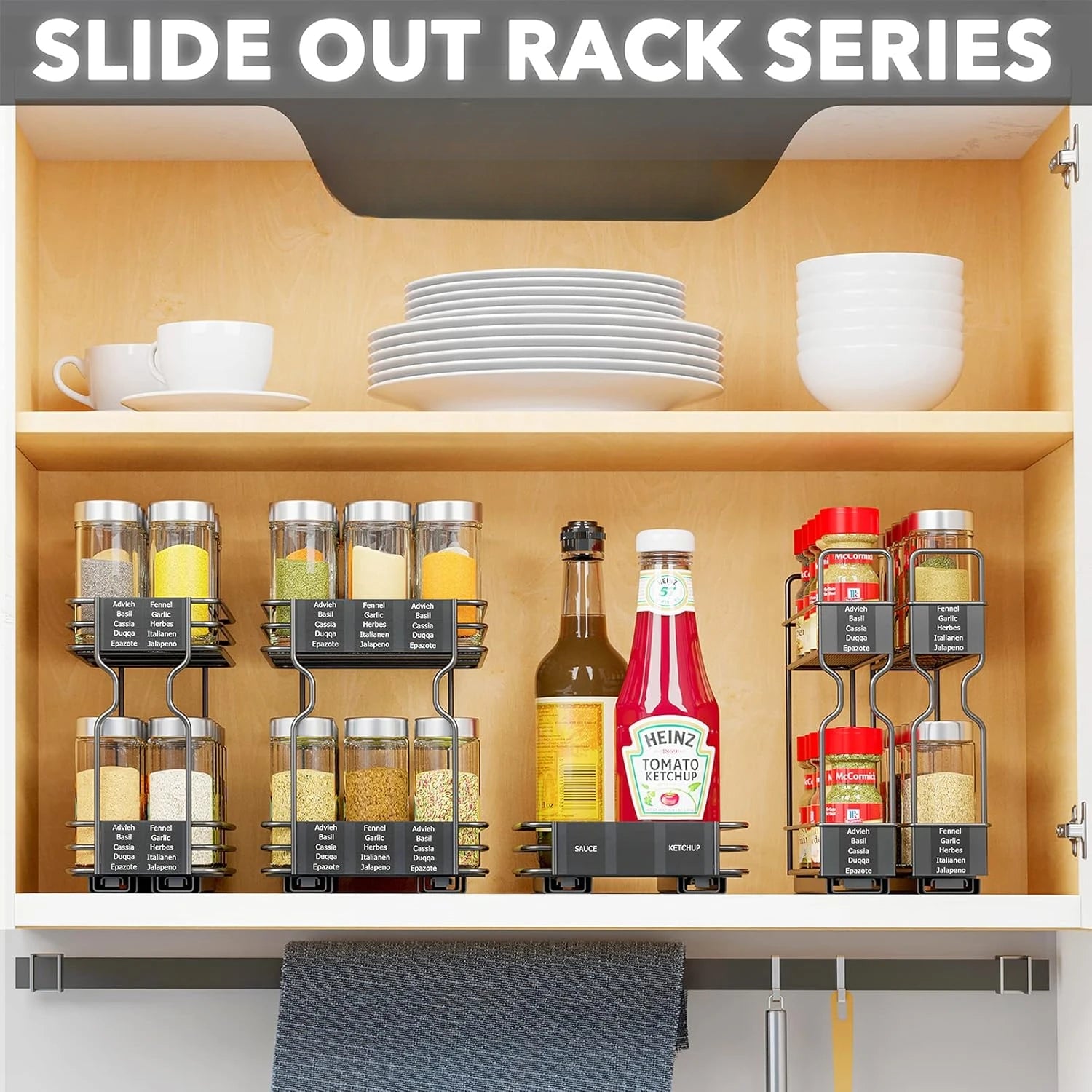 Heavy Duty Slide Out Seasoning Kitchen Organizer Cabinet Organizer with Labels - Cooky Kitchenware