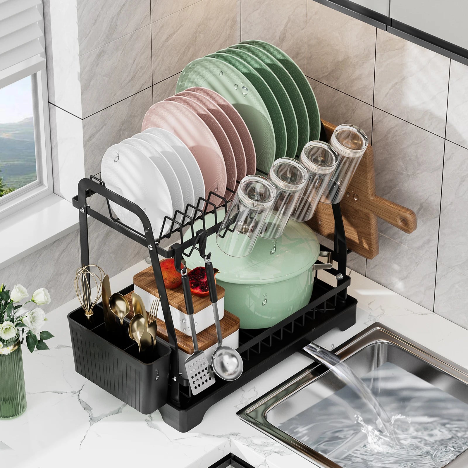 2 Tier Large Dish Drying Rack For Kitchen Counter  Dish Drainer, Large Dish Drying Rack With Drainboard & Utensil Holders,Black - Cooky Kitchenware