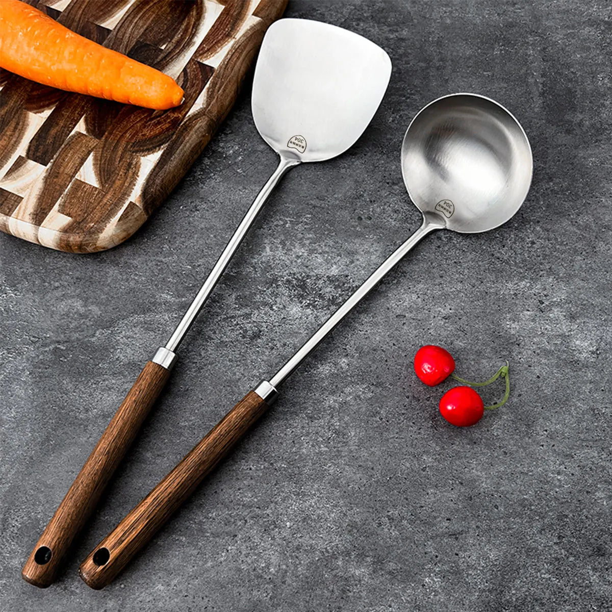 WORTHBUY 304 Stainless Steel Turner With Wooden Handle Heat Resistant Long Handle Soup Ladle Spatula Kitchen Cooking Utensils - Cooky Kitchenware
