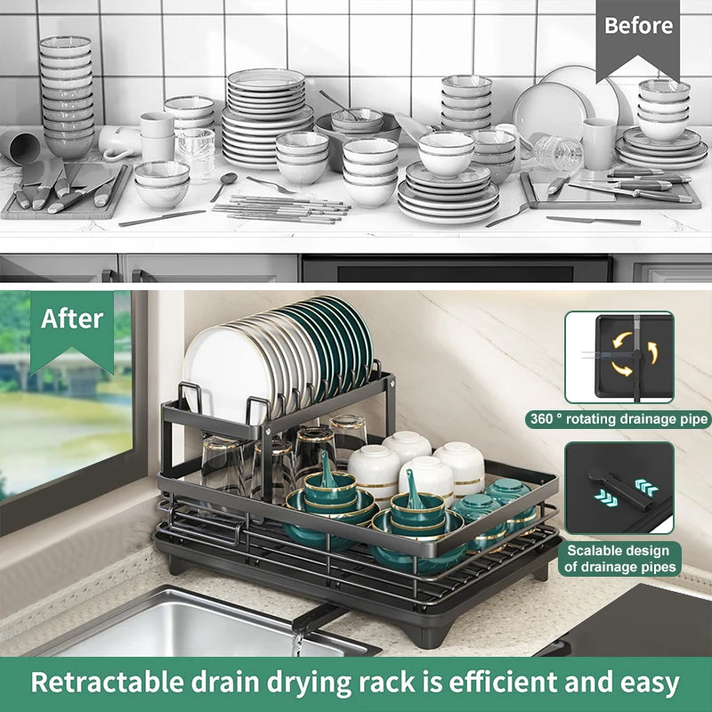 Dish Drying Rack for Kitchen Counter - Large Dish Rack with Drainboard, Adjustable Swivel SpoutRustproof Dish Drainer, Black - Cooky Kitchenware