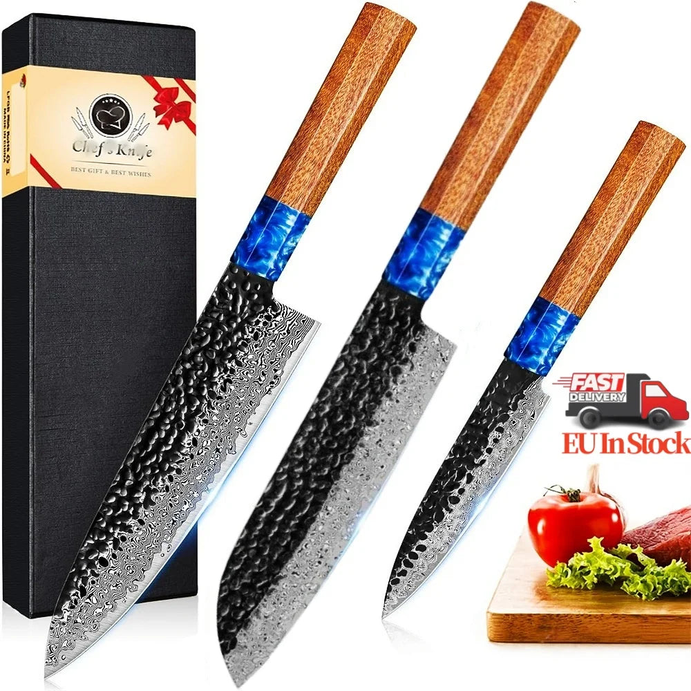Damascus Steel 3 Piece Chef Knife Set With Rosewood Handle
