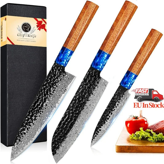 Damascus Steel 3 Piece Chef Knife Set With Rosewood Handle