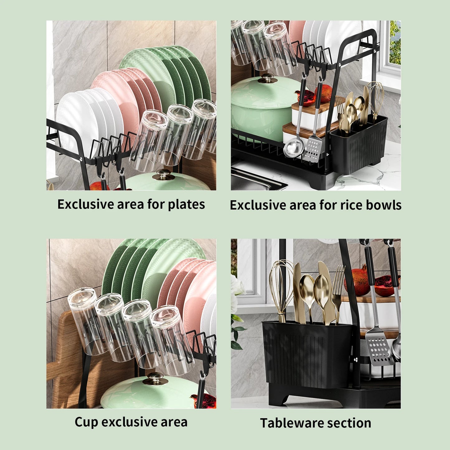 2 Tier Large Dish Drying Rack For Kitchen Counter  Dish Drainer, Large Dish Drying Rack With Drainboard & Utensil Holders,Black - Cooky Kitchenware
