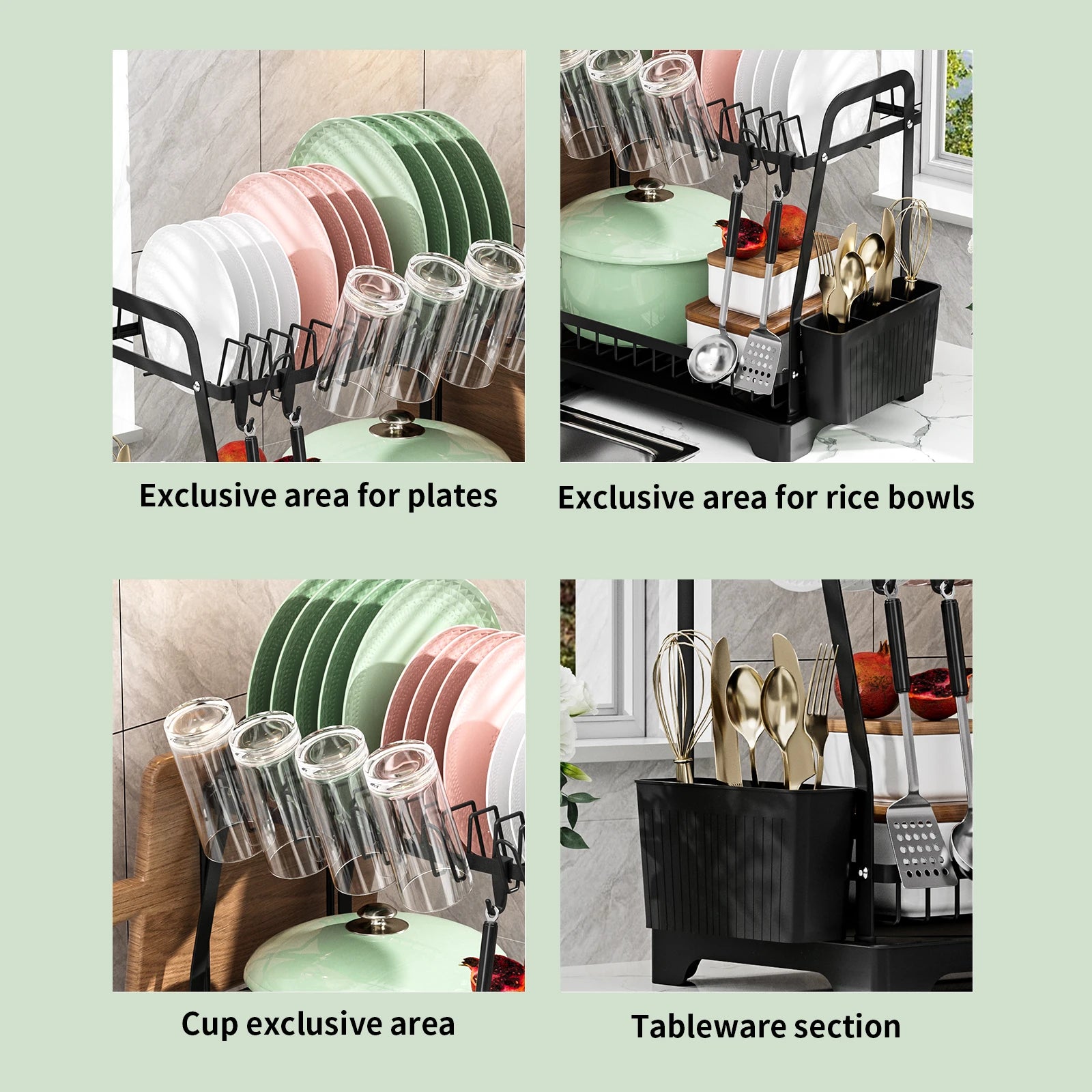 2 Tier Large Dish Drying Rack For Kitchen Counter  Dish Drainer, Large Dish Drying Rack With Drainboard & Utensil Holders,Black - Cooky Kitchenware