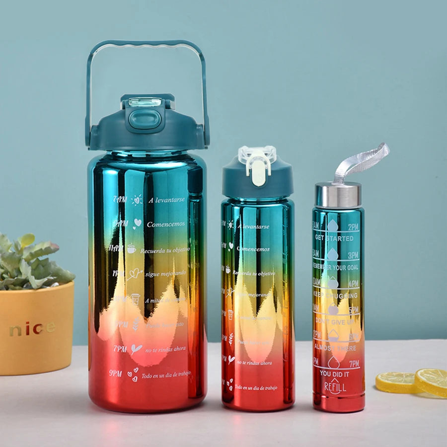 3pcs of leak proof electroplated gradient sports water bottles with straws and time markers - Perfect for offices, schools.