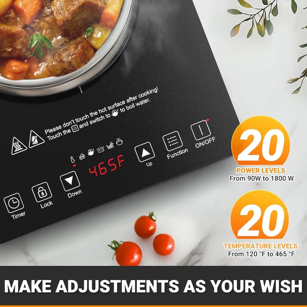 Portable Induction Cooktop with 20 Power and Temperature Levels 1800W Hot Plate Burner with 5.9-Inch Heating Coil Low Noise Compact Stove - Cooky Kitchenware