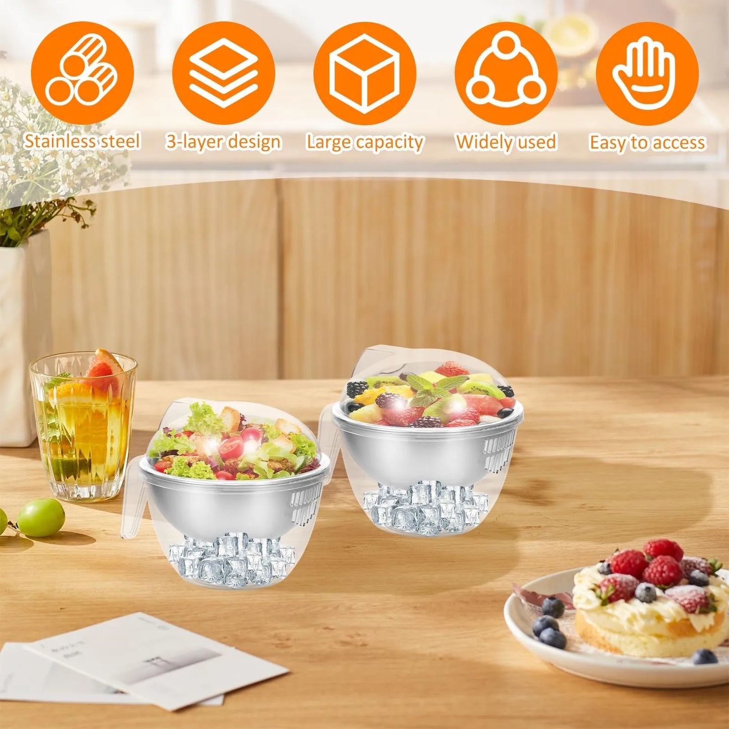 2 Pcs Ice Chilled Dip Bowl With Lid And Handle 50oz Large Capacity Ice Bowl Iced Serving Bowl Reusable Cold Serving Dish For Hum