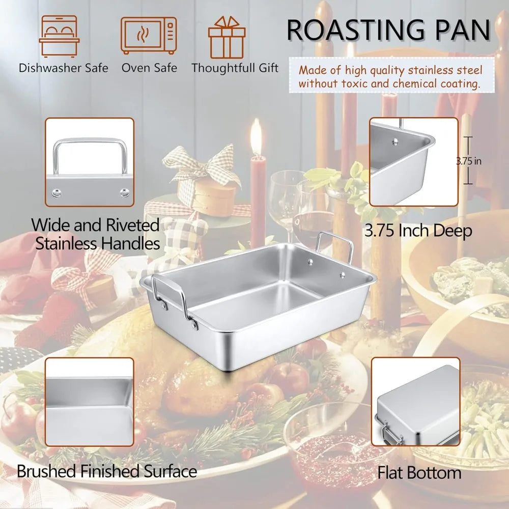 Herogo Roasting Pan with Flat Rack & V-shaped Rack Set, 16 x 11.5 Inch Stainless Steel Turkey Roaster Pan for Thanksgiving Chris