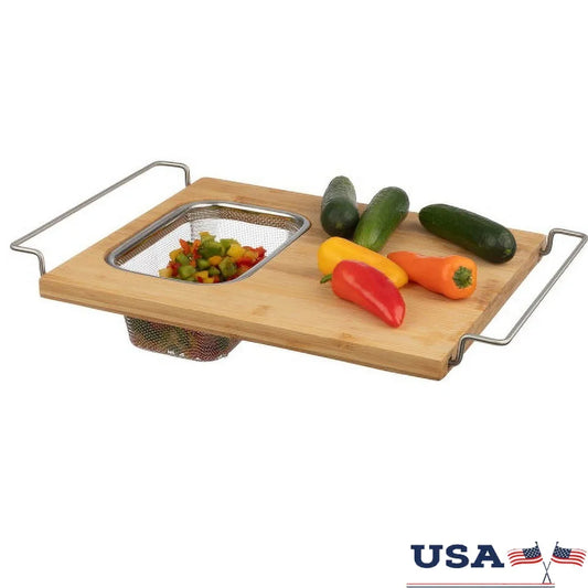 2 in 1 Adjustable Bamboo Cutting Board with Removable Strainer Over Sink Expandable Kitchen Gadget Easy Care Durable Material - Cooky Kitchenware