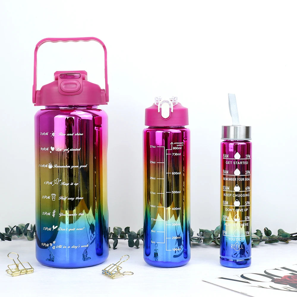 3pcs of leak proof electroplated gradient sports water bottles with straws and time markers - Perfect for offices, schools.