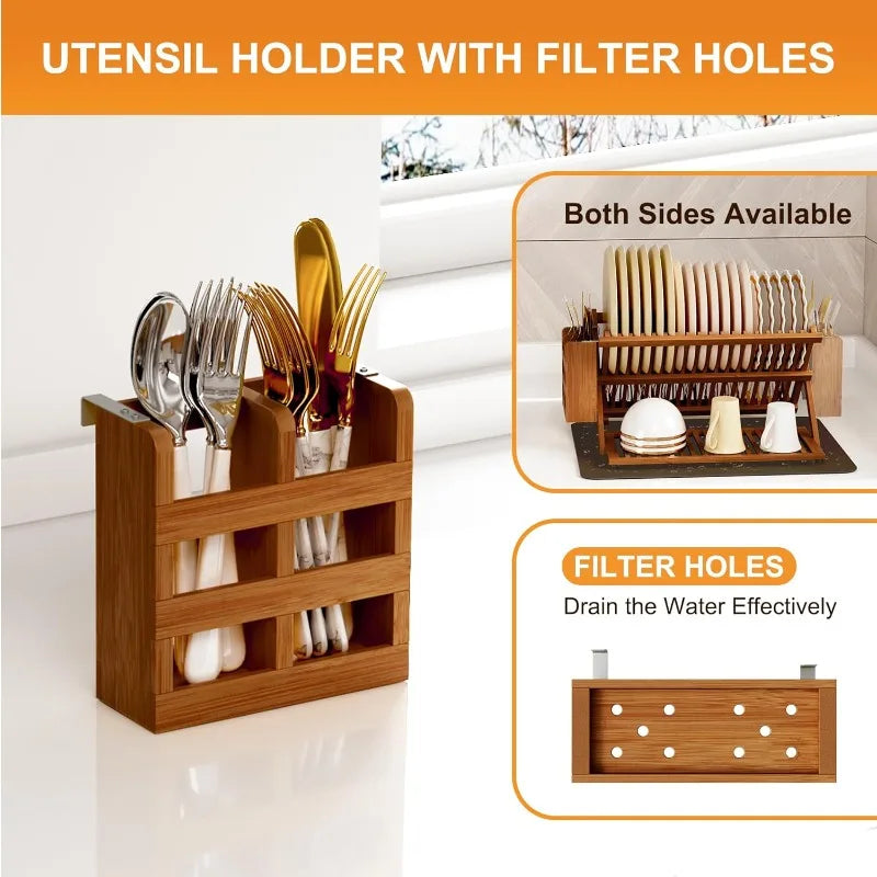 Teak Dish Drying Rack with Utensil Holder, 3 Tier Collapsible Dish Rack, Wooden Dish Racks for Kitchen Counter - Cooky Kitchenware