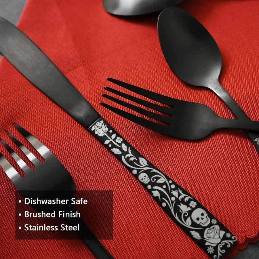 Matte Black Silverware Set 20 Piece For 4 Skull Rose Gothic