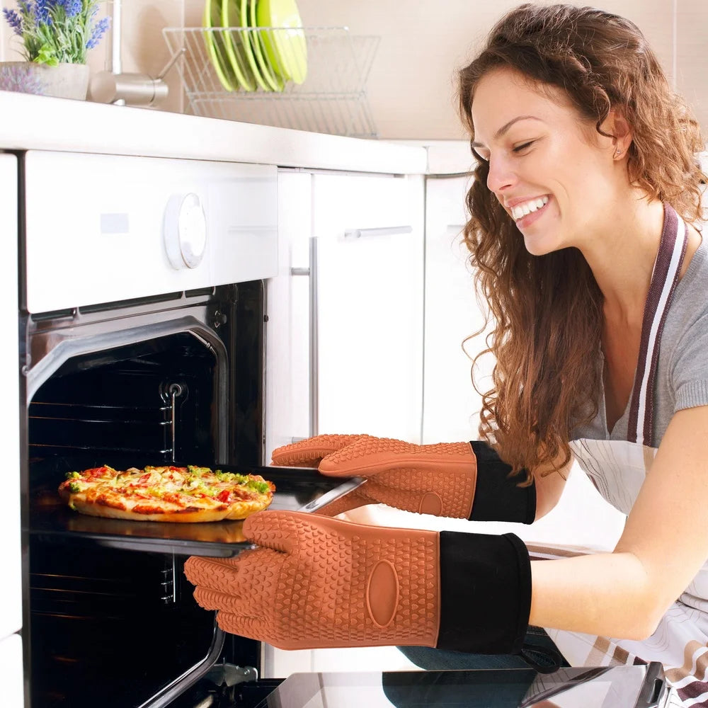 Silicone Heat Resistant Oven Mitts Kitchen BBQ Grill Gloves Comfortable Anti-Scald Textured Non-Slip Ergonomic Design 1 Pair