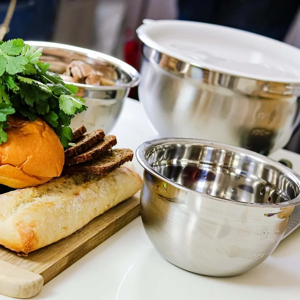 Stainless Steel Mixing Bowls Set with Lids Measuring Marks Easy Clean Nesting Stackable Kitchen Storage Bakeware