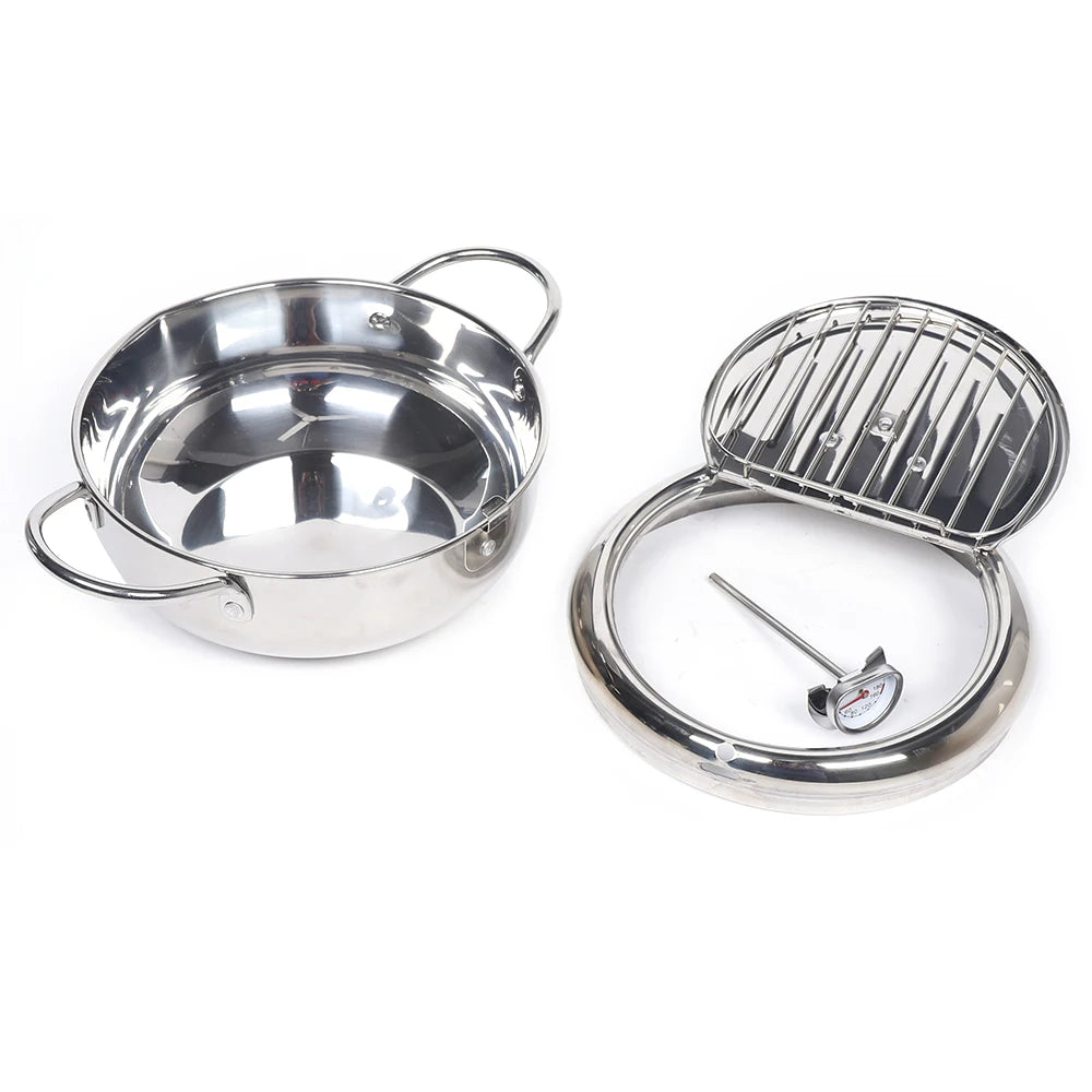 Japanese Style Deep Frying Pan With Temperature Gauge Lid And Oil Drip Rack 304 Stainless Steel Fryer - Cooky Kitchenware