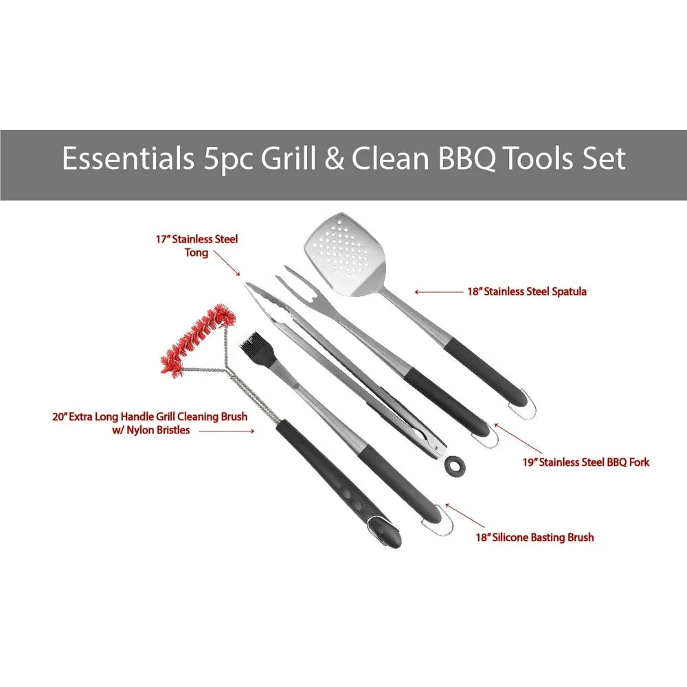 5pc BBQ Grill Tools Set Stainless Steel Spatula Tong Basting Brush Fork Grill Brush Essential Accessories Cookouts - Cooky Kitchenware