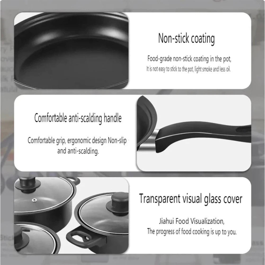 12Pcs Non Stick Cookware Set Cooking Pot with Lid Deep Frying Pan Milk Pot Maifan Stone Frying Pan for All Types of Cooker