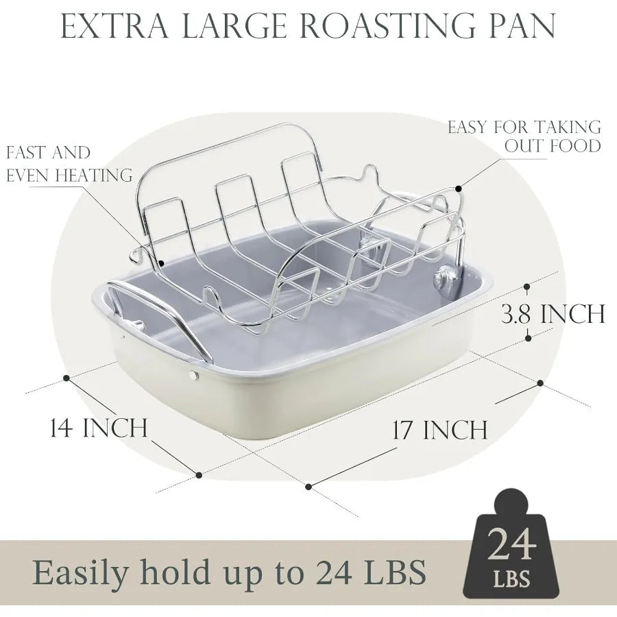 Nonstick Turkey Roasting Pan with Rack 17 x 14 inch Large Chicken Roaster Pan for Oven Wider Handles and Heavy Duty Constructio