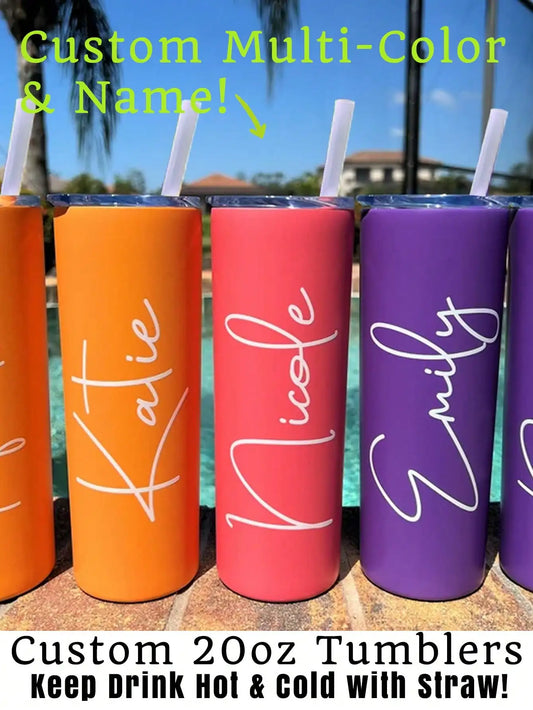 Personalized Name Tumbler With Straw, Customized Colorful 20oz Stainless Steel Insulated Tumbler- Double Wall Lid